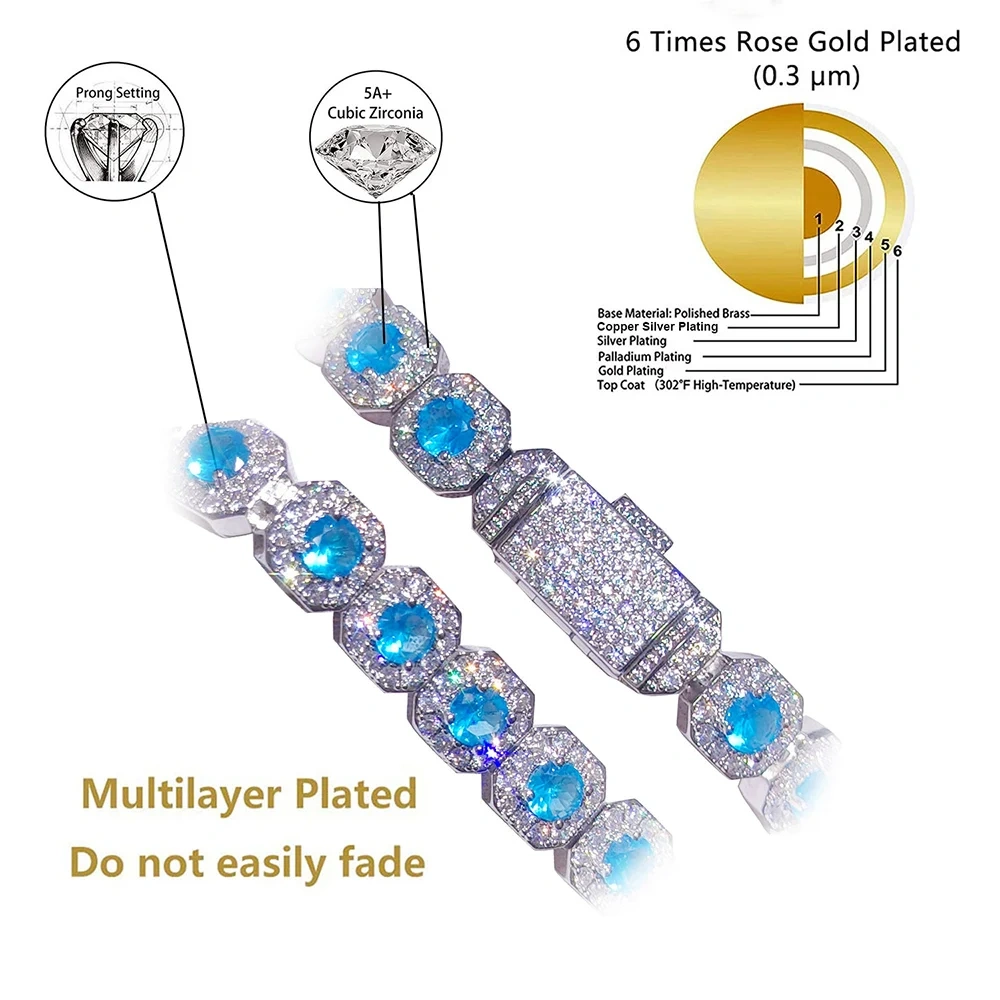 Wholesale Inventory Hip Hop Personality Style Clamshell BucklePink/Blue Gemstone Tennis Chain Bracelet for Girls