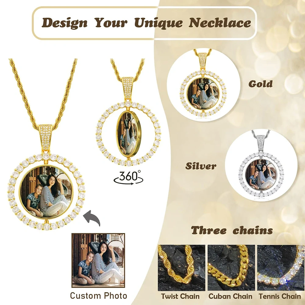 Custom Photo Necklace For Men Rotating Double-Sided Medallions Spinning Pendant Bling Iced Out Hip Hop Jewelry