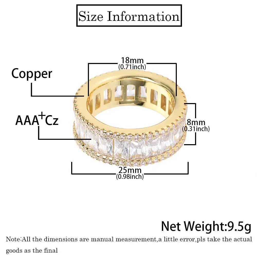 Hip Hop Fashion Jewelry 8Mm Micro Pave Single Row Rectangular Cubic Zirconia Rings For Men