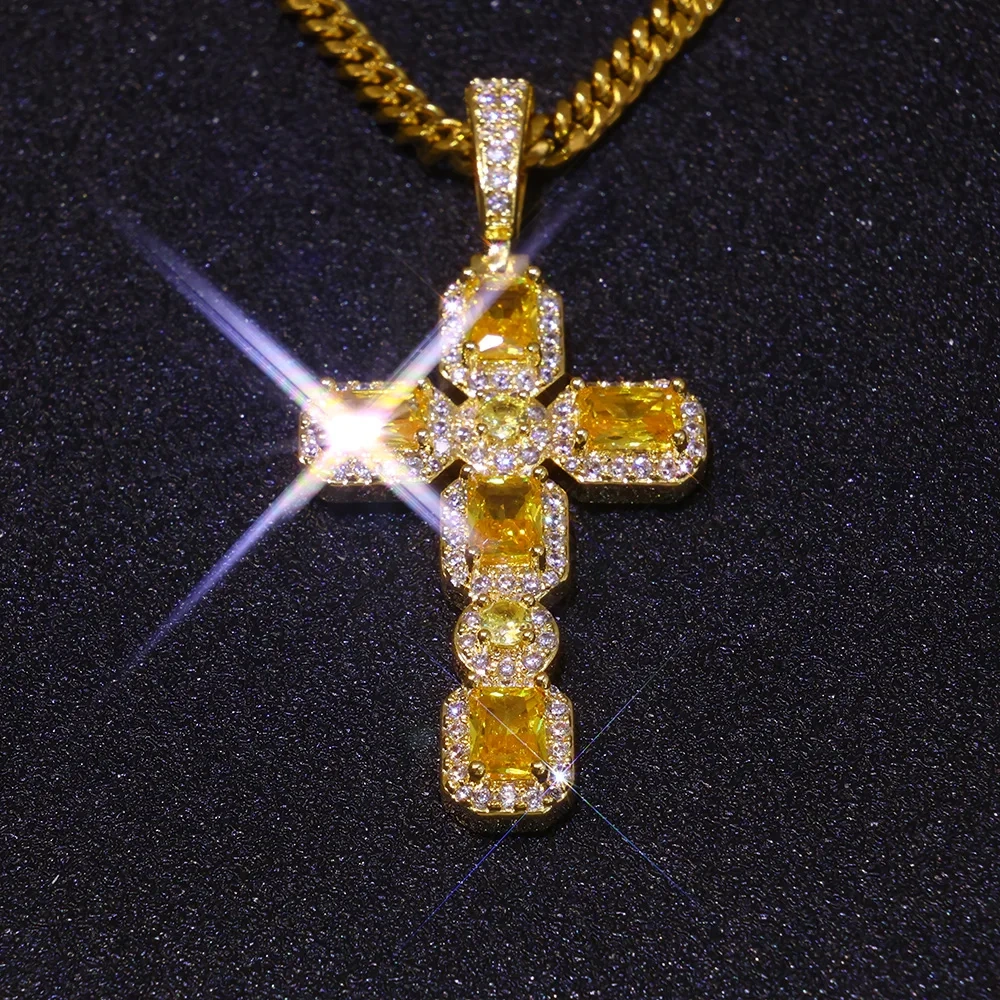 ESKEEM New Arrival Hip Hop Bling Yellow CZ Diamond Cross Pendant Yellow Baguette Gemstone Cross Necklace for Women Men