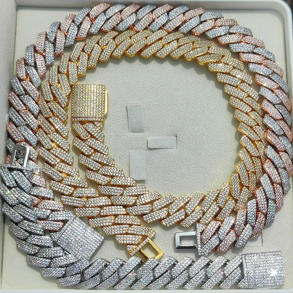 20mm Hip Hop Choker Iced Out Double Rows Of Lozenges Prong Cuban Link Chain Chunky Necklace For Men