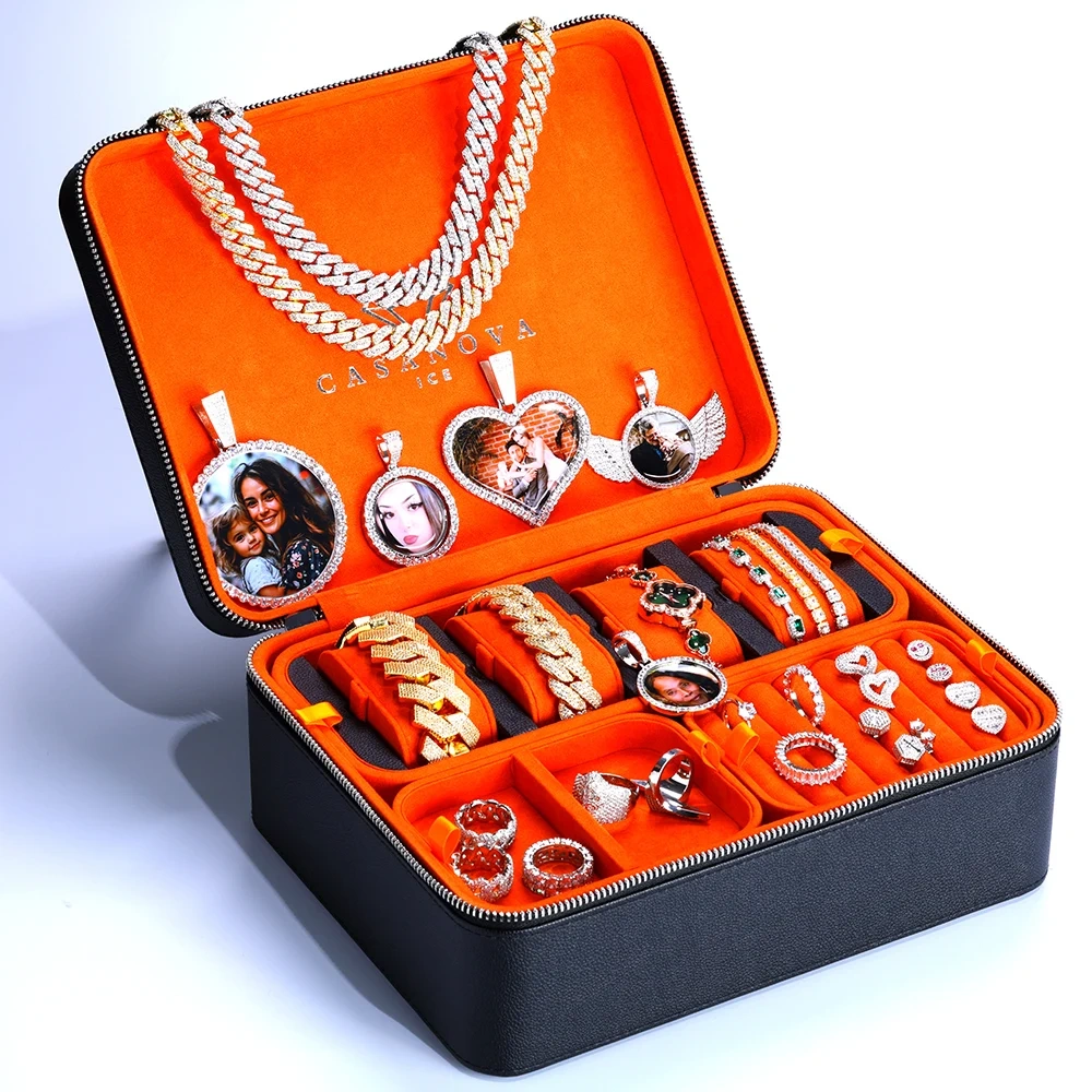 High Quality Box Custom Logo Real Leather Big Jewelry Case With Many Trays Black Leather Suede Lining Jewelry Box Organizer