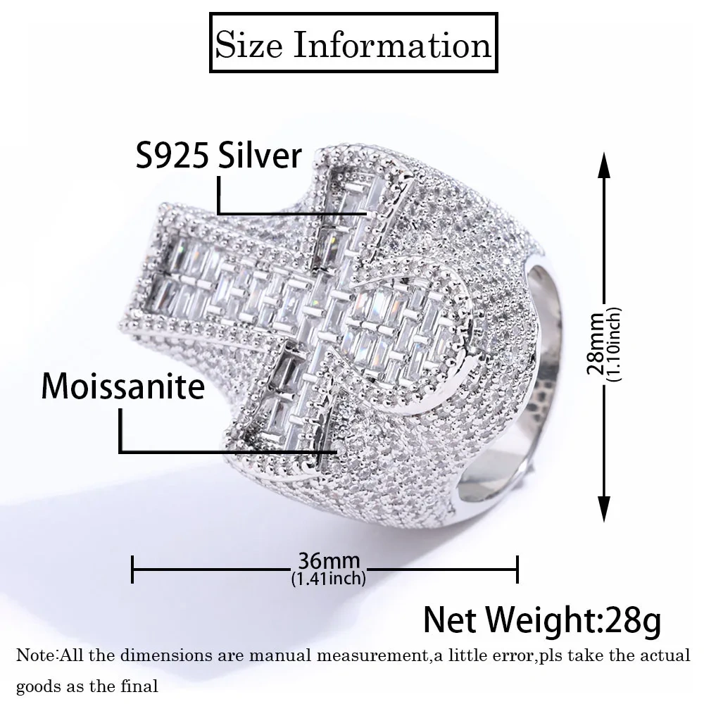 ESKEEM Hot Selling GRA Certificate High Quality 925 Silver Fine Jewelry Iced Out Hip Hop Ring Cross Moissanite Men Rings