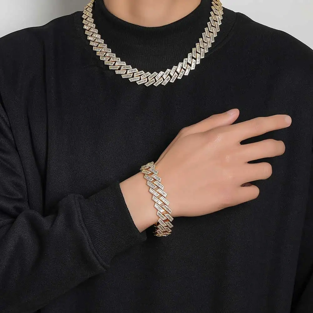 18mm Width Cuban Chain Prong Mixed Inlay CZ Cubic Zircon Plated Luxury Men Necklace Bling Full Iced Out Hiphop Jewelry 7-24''