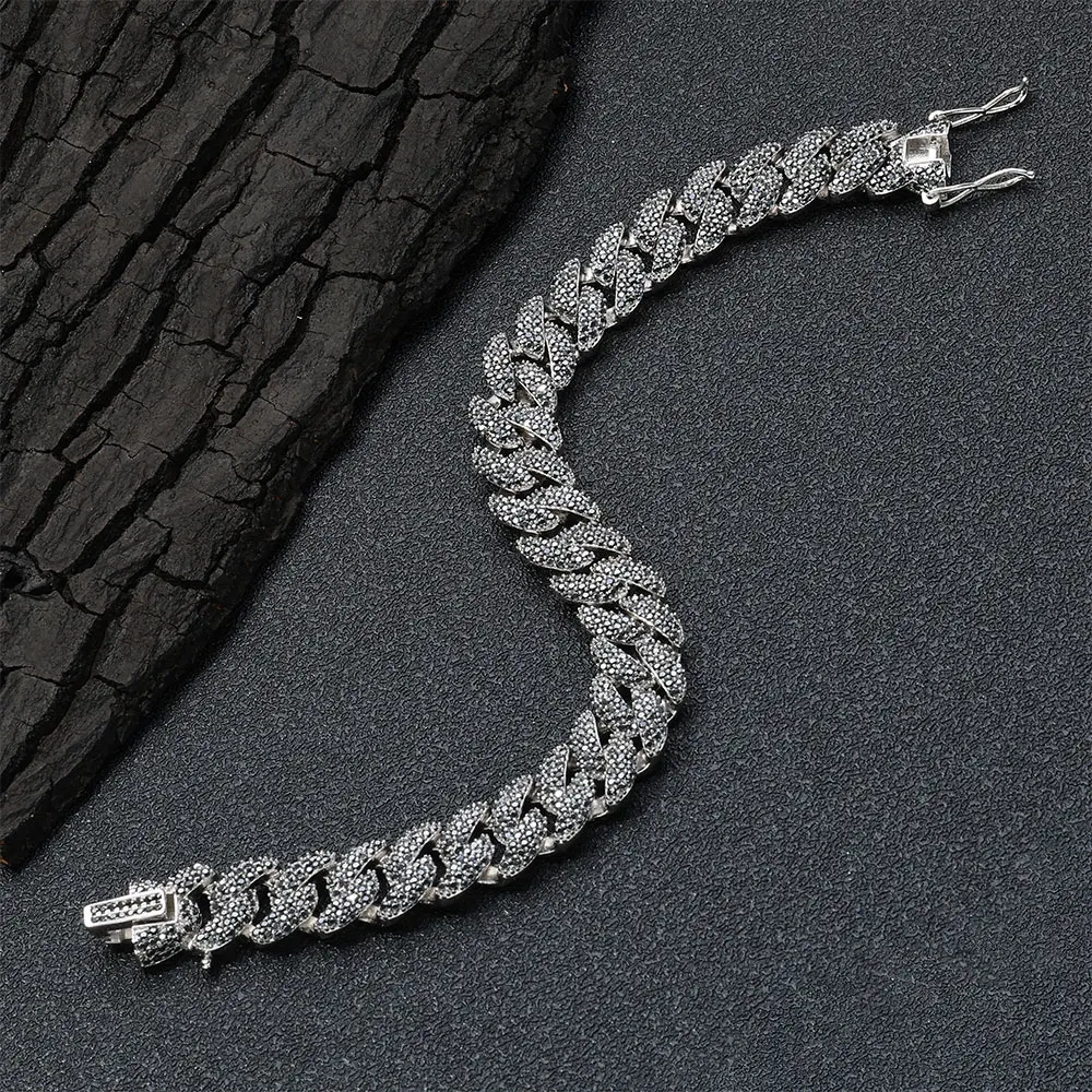 Custom 12mm 3 Rows S925 Sterling Silver VVS Diamond Necklace Iced Black/White Moissanite Cuban Link Chain for Men Gift