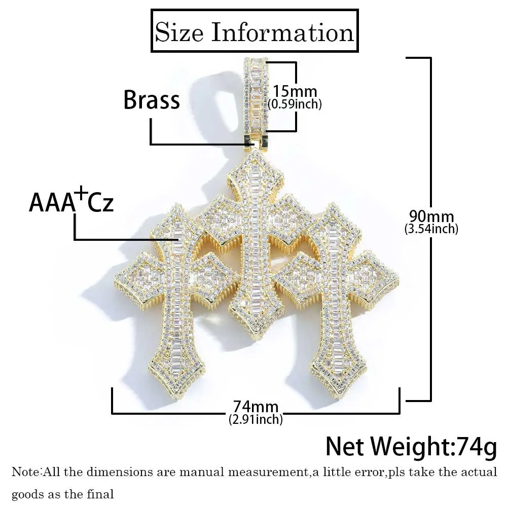 Hip Hop 3inch Iced Cross Pendant High Quality 5A Cubic Zirconia Cool Men Jewelry CZ Triple Cross Pendant Necklace Drop Shipping