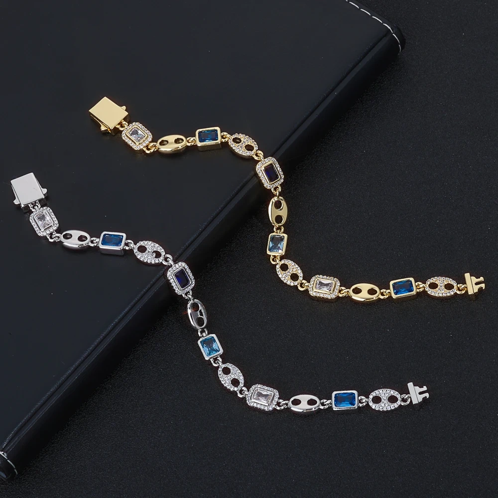 ESKEEM 10MM Gemstone Iced Out Pig Nose Bracelet New Blue Cubic Zirconia Cuban Link Bracelet Hip Hop Jewelry