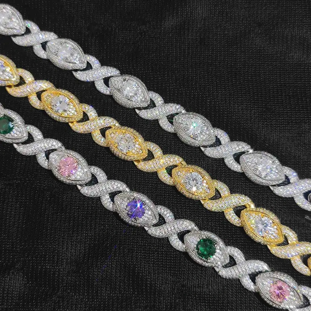 Fashion Hip Hop Punk Evil Style 15mm Iced Out Cubic Zircon Colour Eye Infinity Chain Necklace Hiphop Bracelet Jewelry