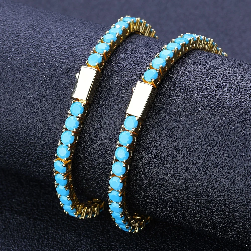 ESKEEM Fashion Jewelry Women 4mm Custom Blue Turquoise Tennis Chain Bracelet 18K Gold Plated Tennis Bracelet for Gift ﻿