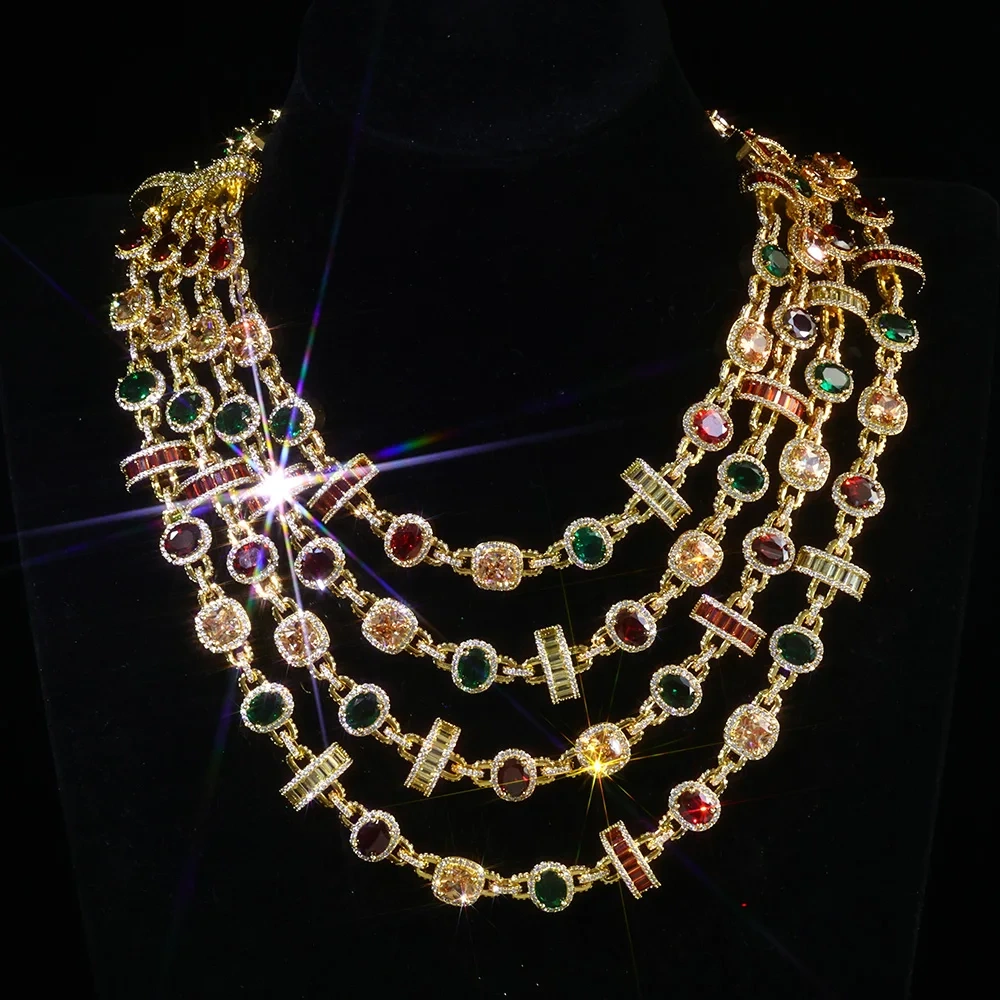 ESKEEM 6/7/10/15mm Iced Out Colorful Gemstones Chain Necklaces for Women Men Fashion Jewelry Enamel Cross Bracelet