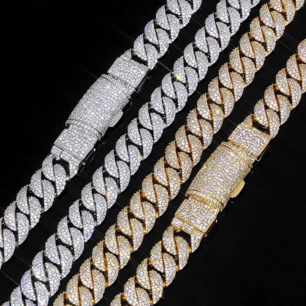 ESKEEM Mens 14mm 925 Silver VVS Moissanite Cuban Link Chain with Long Clasp Pass Diamond Test Iced Out Necklace Hip Hop Jewelry