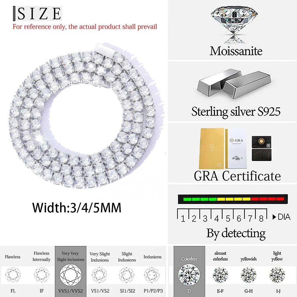 3mm 4mm 5mm Iced Out VVS Moissanite Diamond Tennis Chain 925 Sterling Silver Customized Fine Jewelry Wholesale Prices