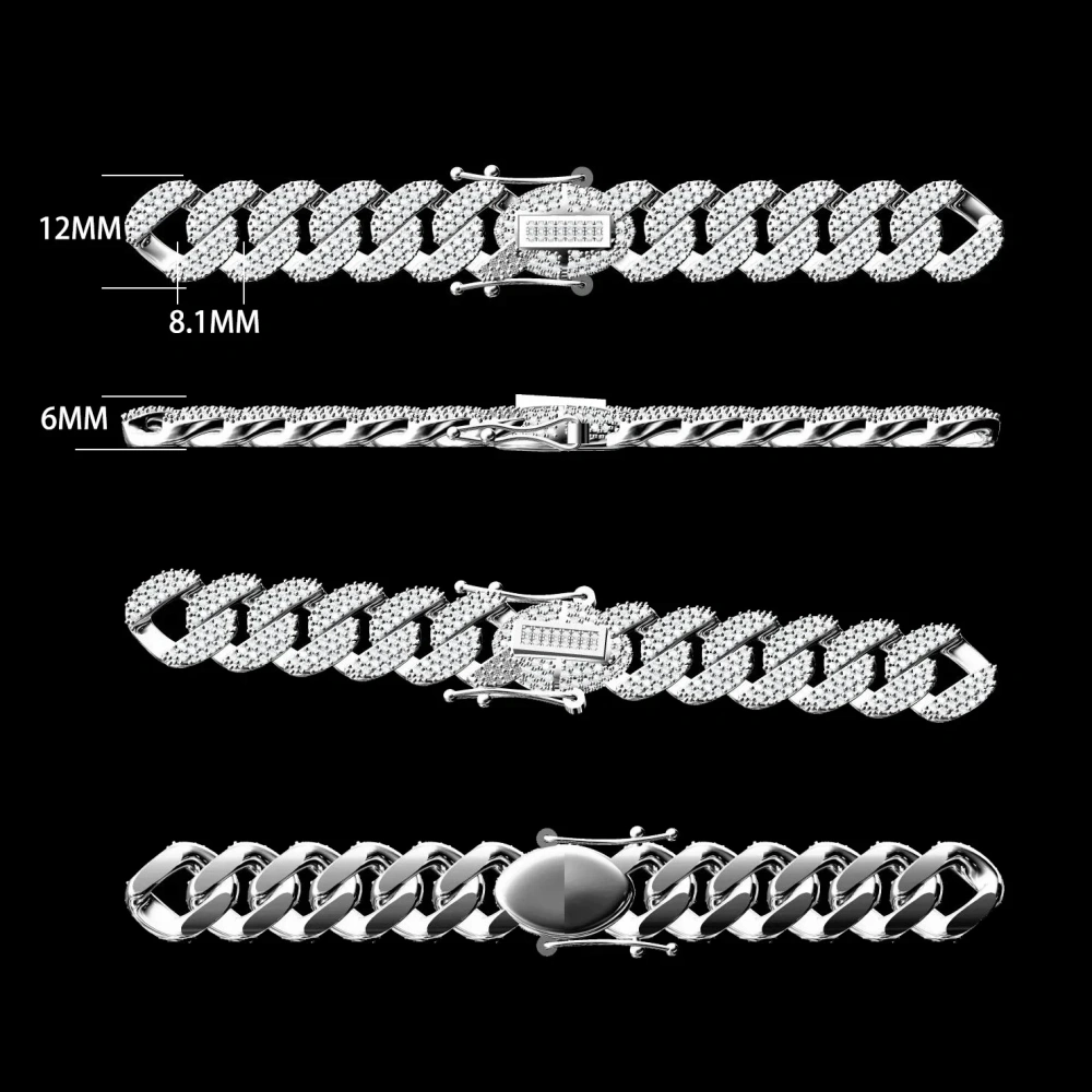 Custom 12mm 3 Rows S925 Sterling Silver VVS Diamond Necklace Iced Black/White Moissanite Cuban Link Chain for Men Gift