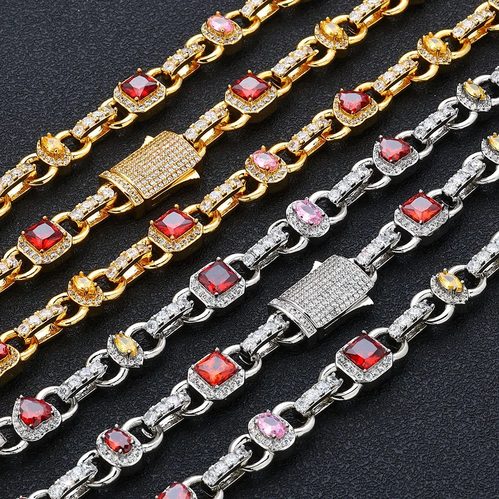18k Gold Plated Colorful Necklace Elliptical/Square/Heart shaped Red yellow Zircon High Quality Spring ClaspCuban Chain