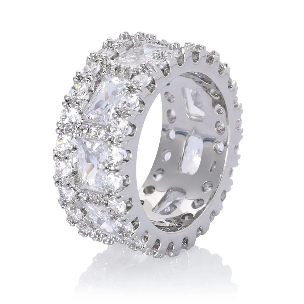 10mm Cubic Zirconia Cuban Rings Brass Prong Setting T-shaped DiamondCZ Iced out Ring Jewelry For Women Men Gift
