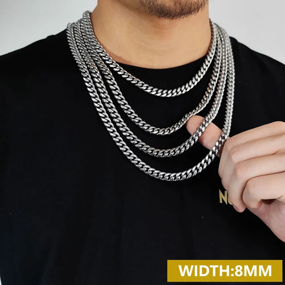 Hip Hop Men's 8/10/12/14/16mm Stainless Steel Necklace Miami Cuban Link Chain Fashion Jewelry Free Custom Logo