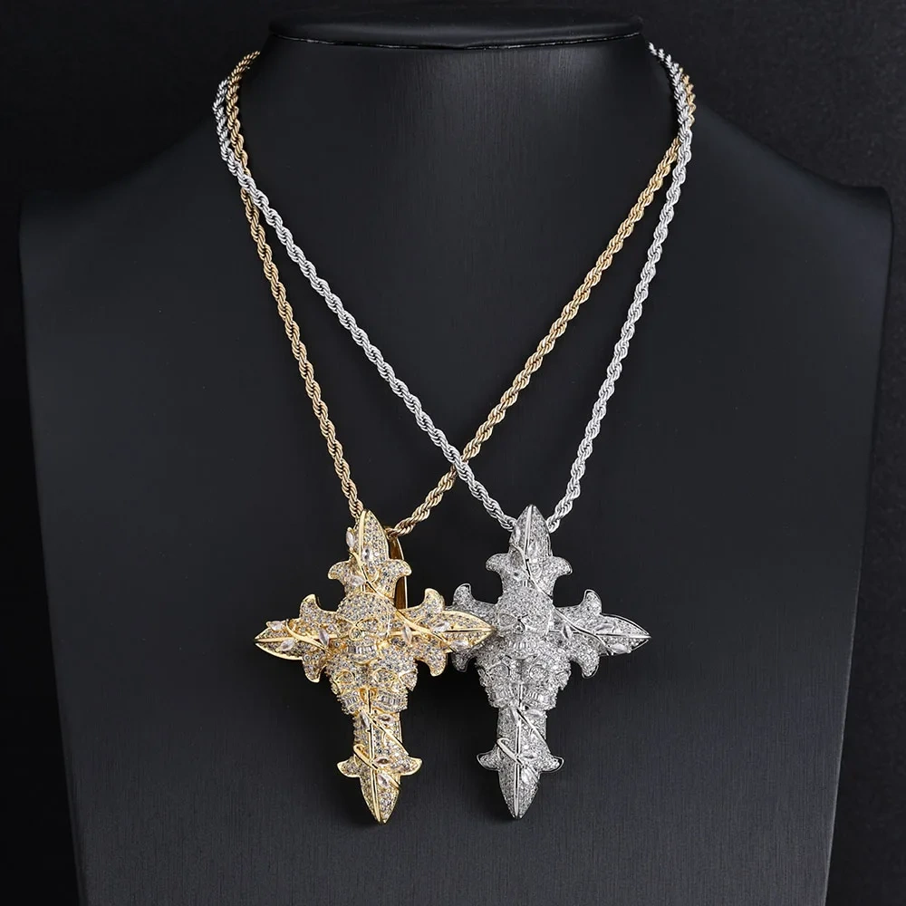 Hot Selling Vintage Jewelry Iced Out Flower Skull Cross Pendant Necklace 5A Zircon Christian Religious Cross Necklace Charm