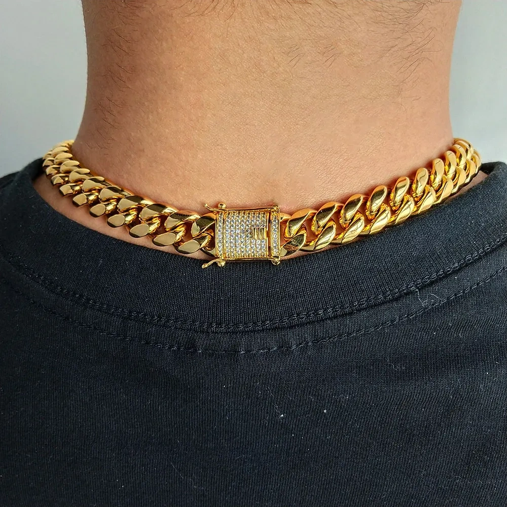 Drop Shipping Hip Hop Three Times Plated Stainless Steel Jewelry Bling Iced Miami Cuban Link Chain Necklace For Men