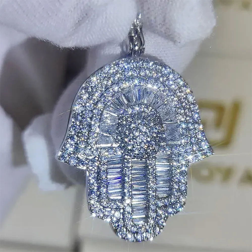Hip Hop Jewelry Bling Iced Out 5A CZ Pave Hamsa Hand Fatima Pendant Necklace for Women Men With Tennis Chain Drop Shipping