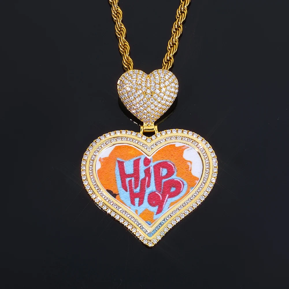 ESKEEM Personalized Customized Iced Out Heart Photo Chain Heart Shape Hook Picture Pendant Lover Family FestivalGift