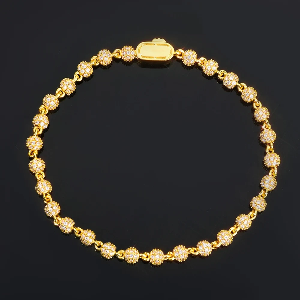 ESKEEM Luxury 18K Gold 4MM Bead Chain Bracelet with Full Diamond Round Bead Iced Out Bangles for Men Women Fine Jewelry