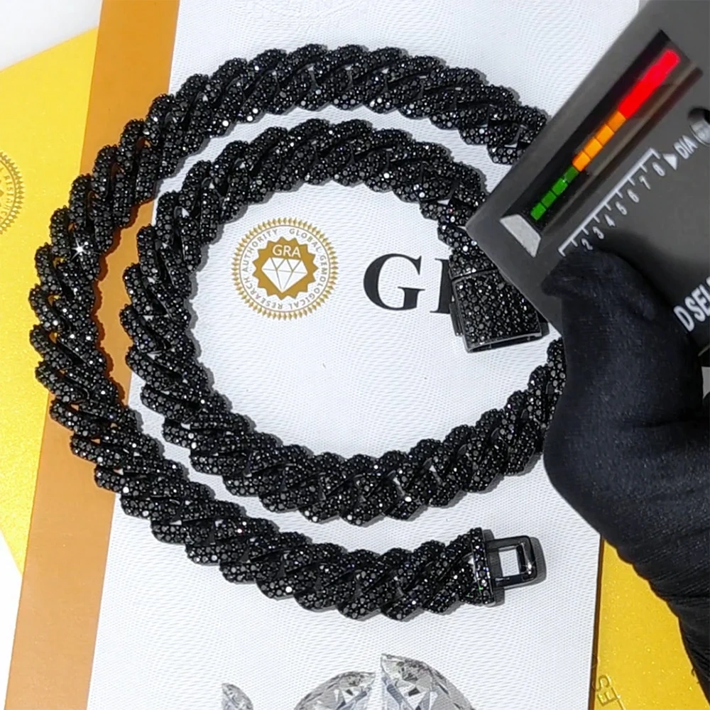 Hip Hop Jewelry Custom Black Plated Cuban Chain 10/12mm Ice out 925 VVS Black Moissanite Cuban Link Chain Necklace for men