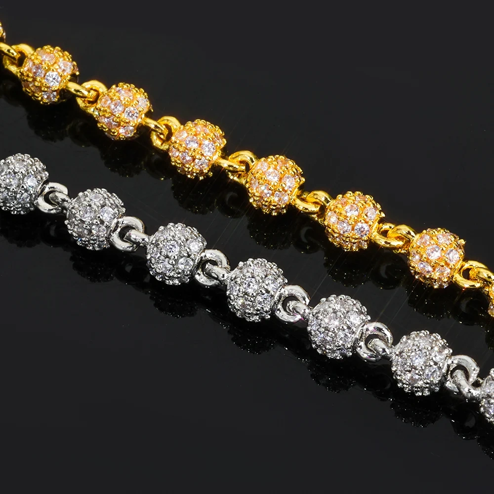 ESKEEM Luxury 18K Gold 4MM Bead Chain Bracelet with Full Diamond Round Bead Iced Out Bangles for Men Women Fine Jewelry