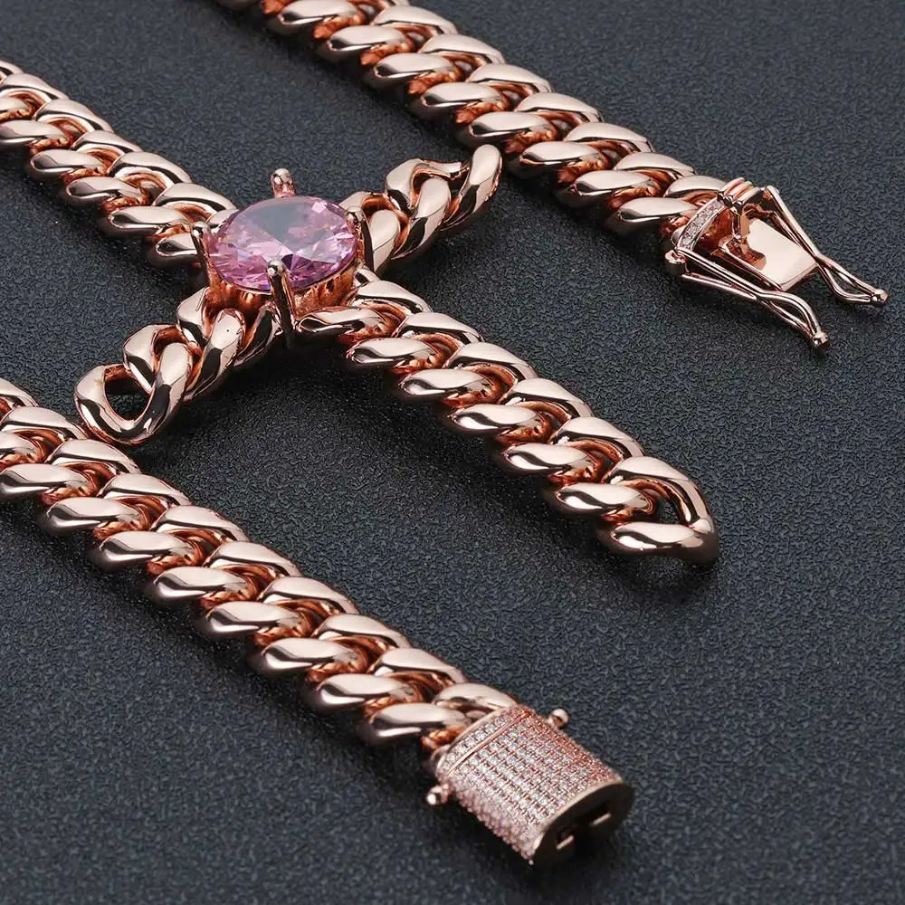 Hip Hop 16mm Big Pink Brass CZ Cross Pendant Jewelry Rose Gold Plated Stainless Cuban Chain Custom Necklace