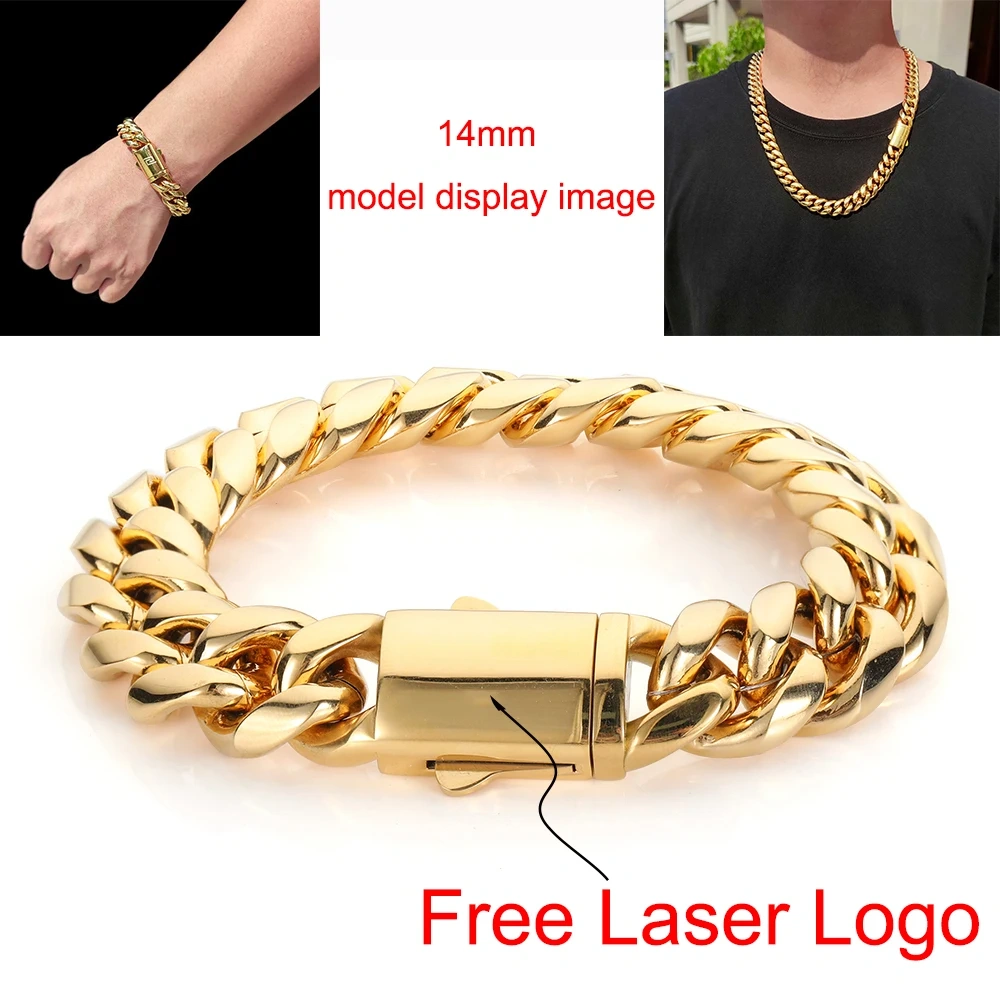 Hip Hop Stainless Steel Cuban Link Chain Necklace For Men Women Cuban Bracelet Jewelry Custom Logo On Front Back