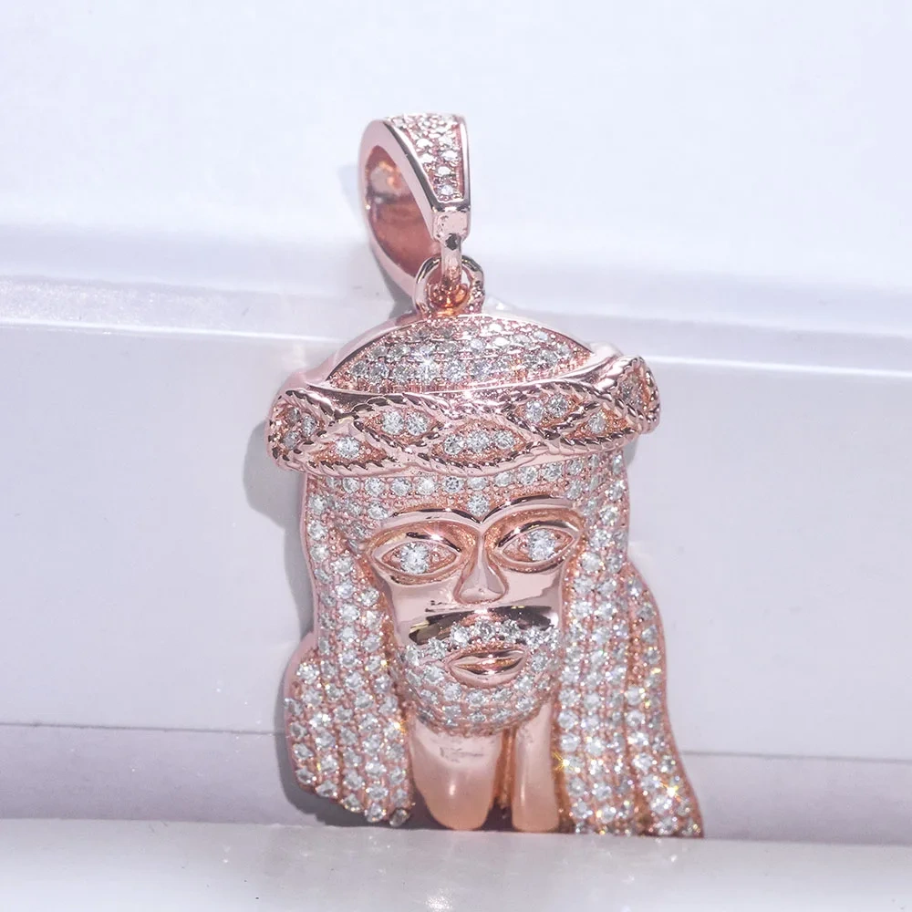 ESKEEM Hip Hop Jewelry Moissanite Charm Pendant Pass Diamond test 925 Silver Rose Gold Plated Small Jesus Head Pendant Necklace