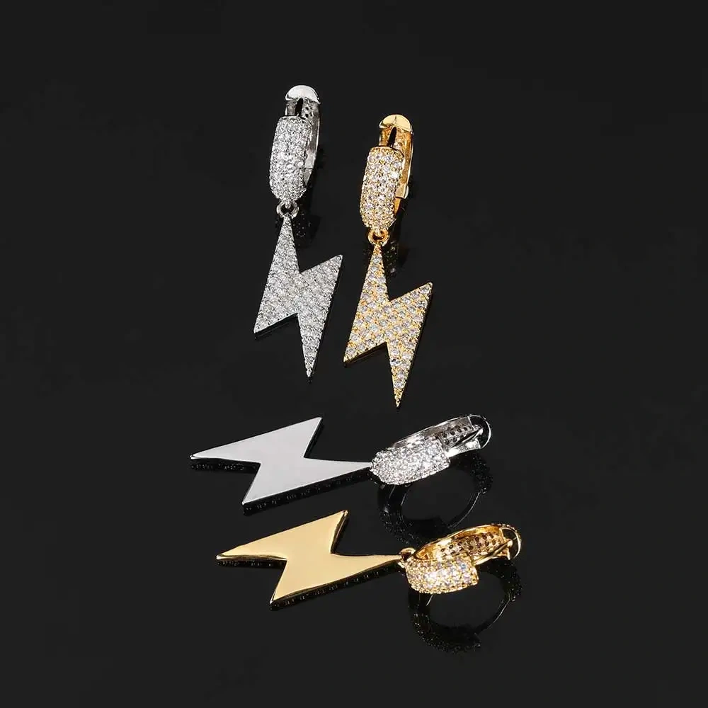Drop Shipping Hip Hop Thick Hoop Earrings Bling Ice Out Cross CZ Zircon Plated Stud Lightning Earrings For Women Jewelry