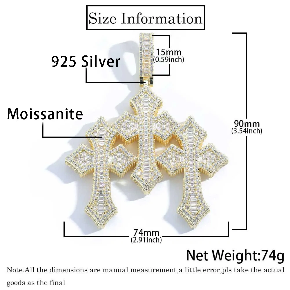 Hip Hop Jewelry VVS Cross Pendant Solid 925 Silver Gold Plated Iced Out Custom Triple Cross Baguette Moissanite Necklace  ﻿