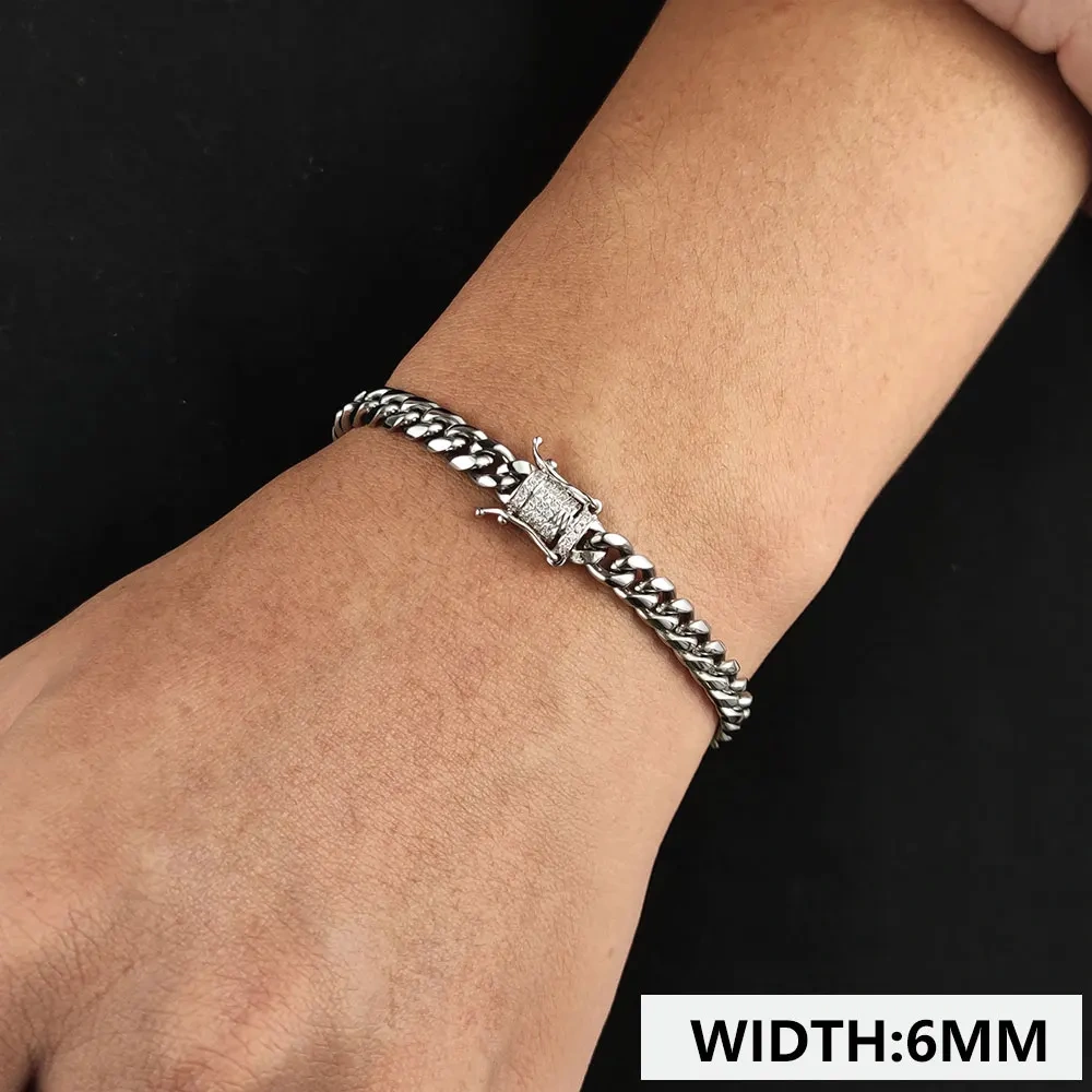 6/8/10/12/14/16MM Hip Hop Rock Zircon Clasp Cuban Bracelets For Men Stainless Steel Jewelry
