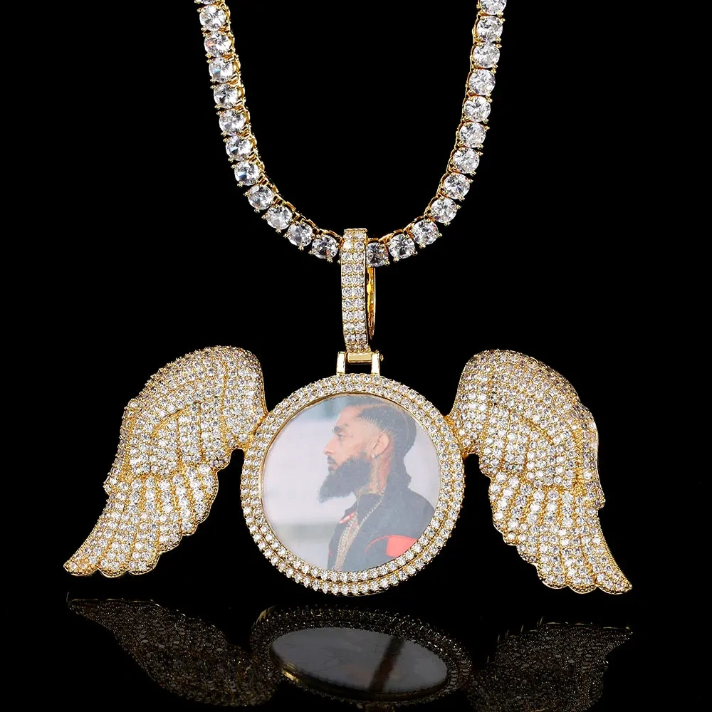 Hip Hop Memorial Custom Wing Photo Pendant Necklace For Men Personalized With Angel Wings Pendants Trays Picture