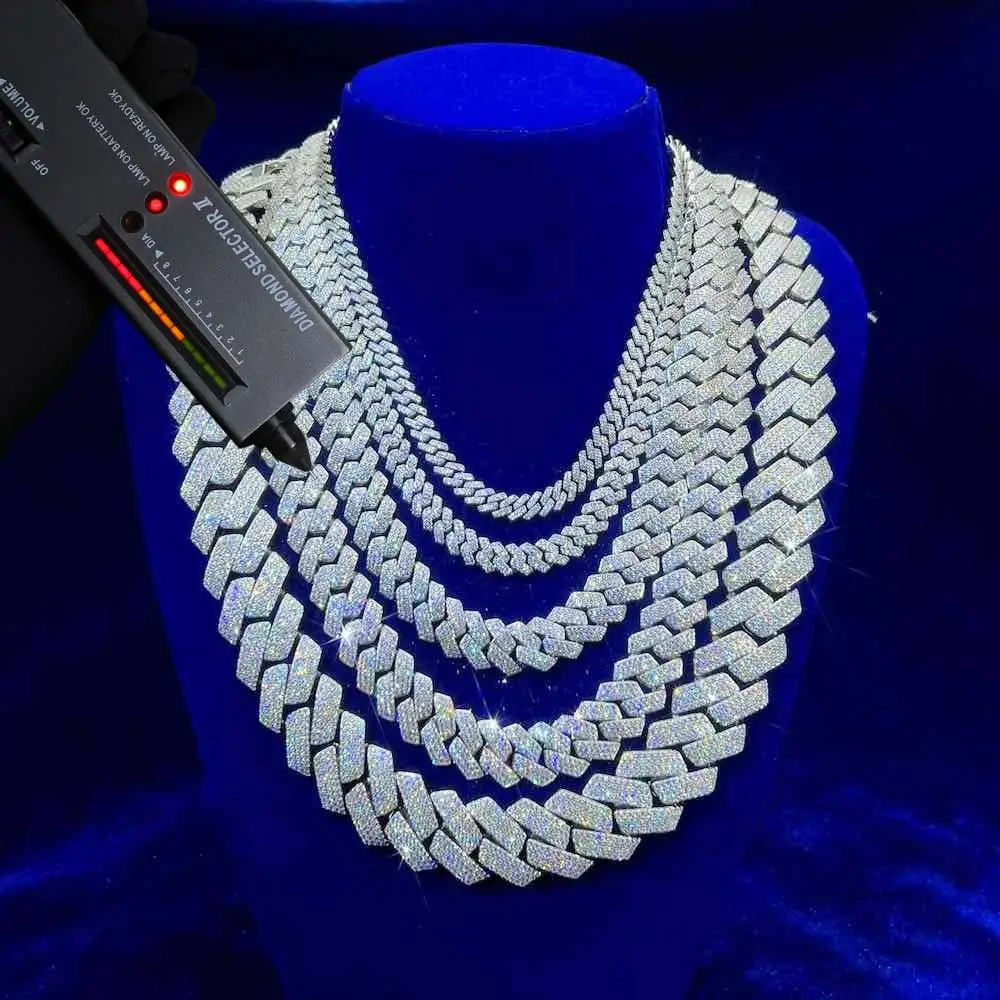Hip Hop Jewelry VVS Cuban Link Chain 1/2/3 Rows 8/10/14/15/18/19/20/25mm 925Sterling Silver D Moissanite Miami Cuban Necklace