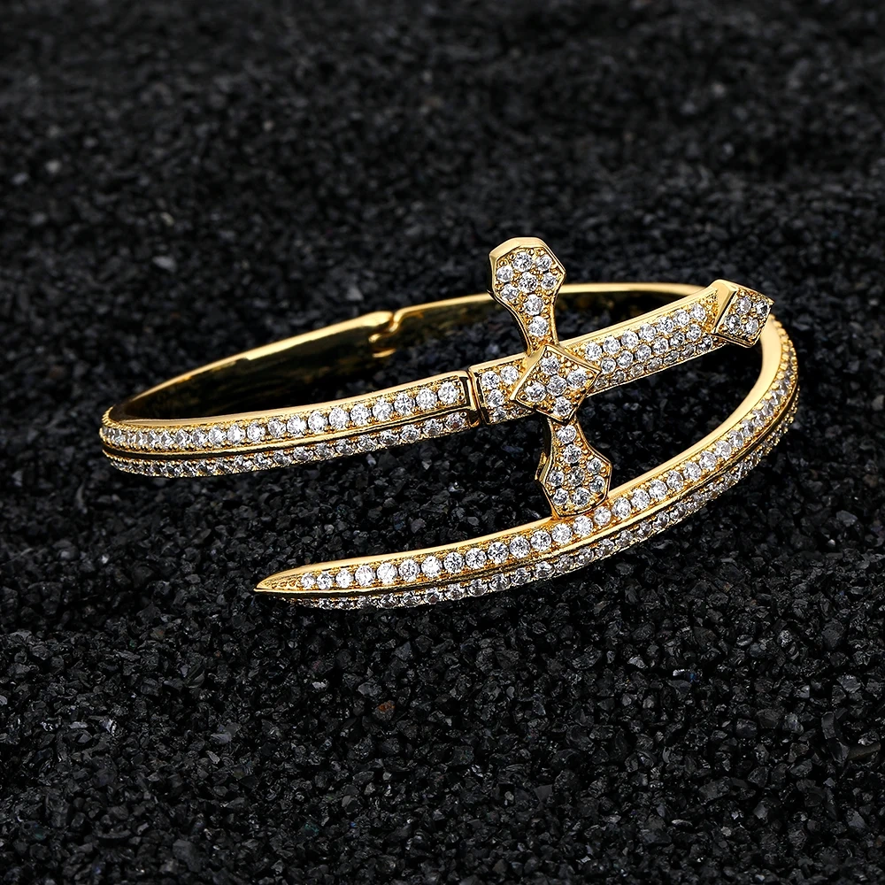New Design Full Iced Sword Shape Bracelet Bling Brass Zircon 18K Gold Plated Bangle Fashion Women Man Jewelry