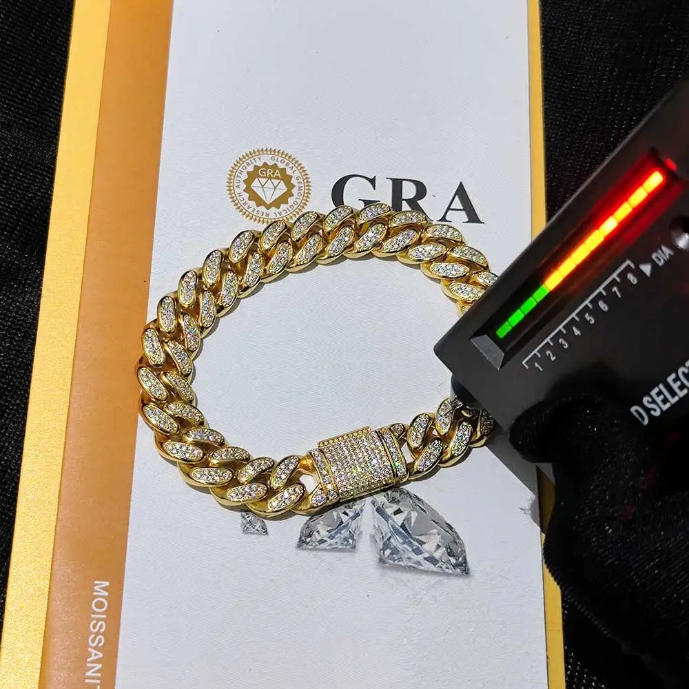 Hight Quality Moissanite Cuban Chain 12MM Iced Out Two Row VVS Diamond Cuban Link Chain Hip Hop Jewelry For Men Women