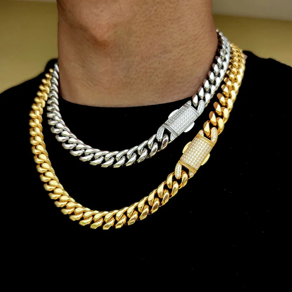 12mm Hip Hop Stainless Steel Jewelry Homme Cadena  Luxury Miami Cuban Link Chain Men Rapper Rock Necklace