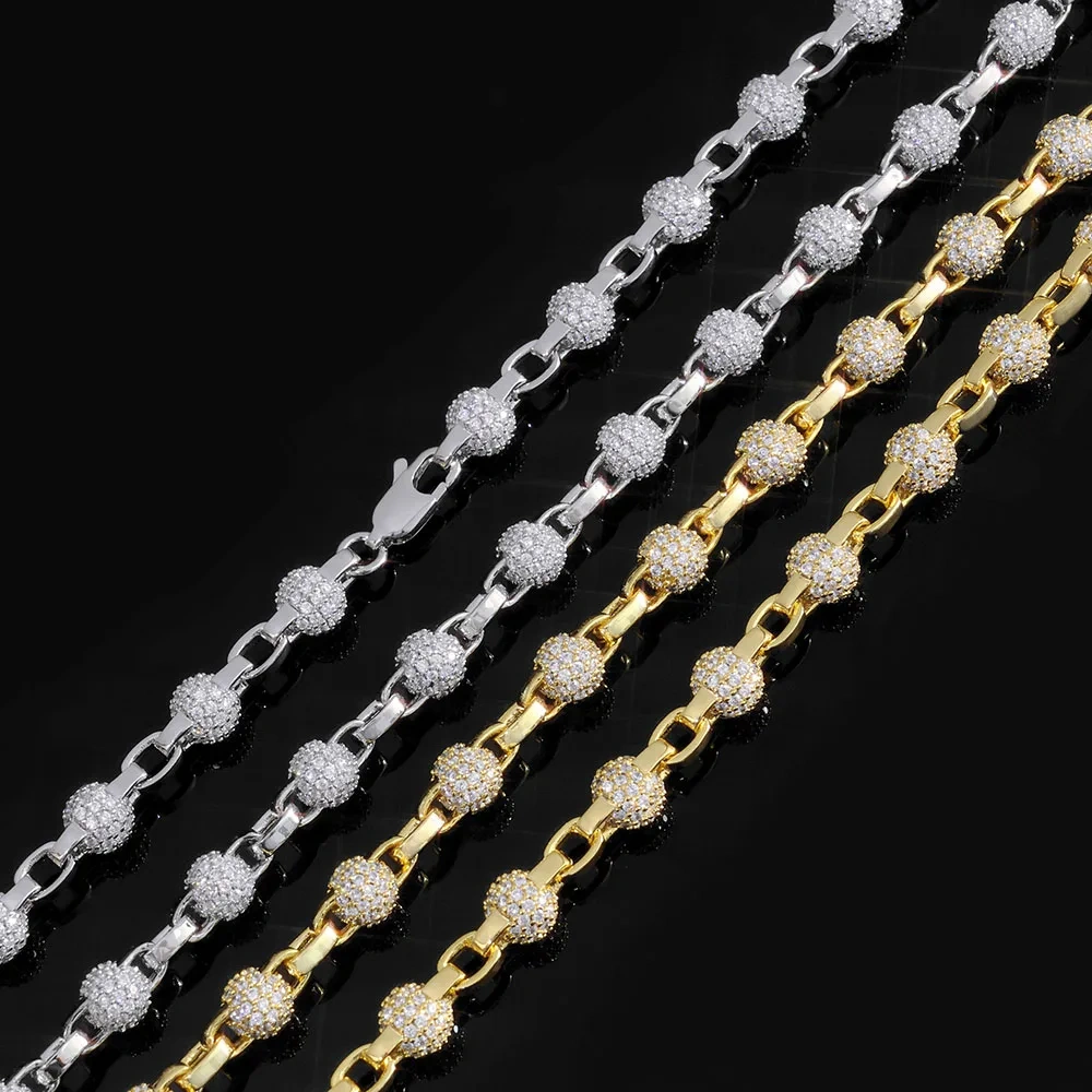 ESKEEM New 6mm Round Bead Necklace Full Pave Iced Out Cubic Zirconia Cuban Link Chain for Men Women Hip Hop Jewelry