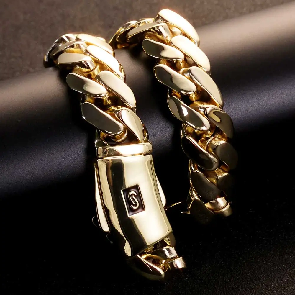 ESKEEM 20MM Monaco Bracelet Hip Hop Jewelry 14K Gold Plated Smooth Lock Bracelet Heavy Miami Cuban Chain for Men Women