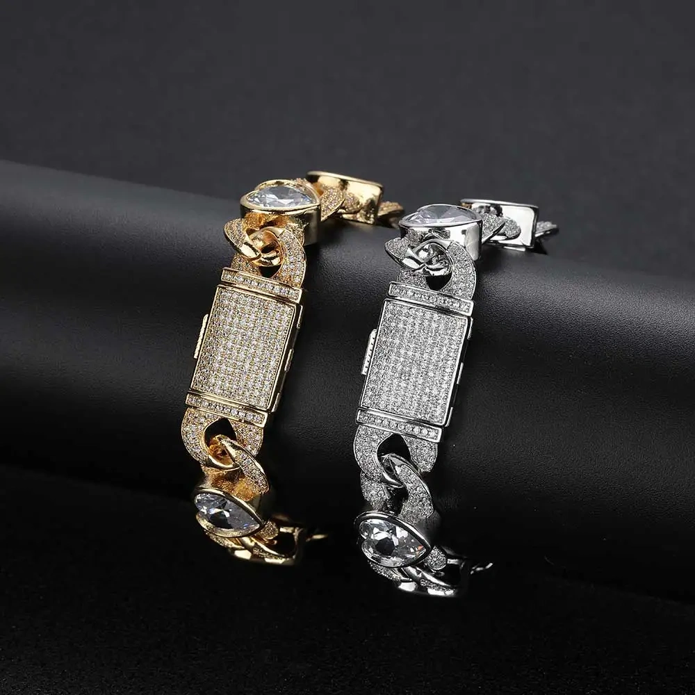 12MM New Design Heart Shape Cuban Link Bracelet Hip Hop Rapper Valentine's Iced Out Heart Cluster Charm Cuban Link Bracelet