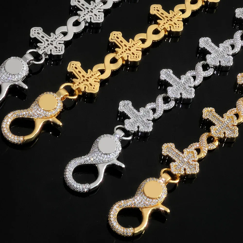 ESKEEM Luxury 15MM Iced Out Pants Chain Silver Plated Cross and 8-Character Infinite Design Bling Zircon Fine Hip Hop Jewelry