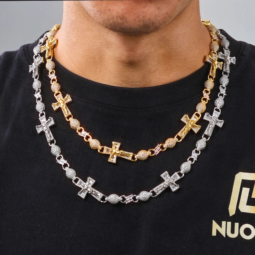 ESKEEM Mens Party Hip Hop Jewelry Gold Silver Plated Baguette Zircon Iced Out Lab Diamond Cross Infinity Cuban Link Necklace