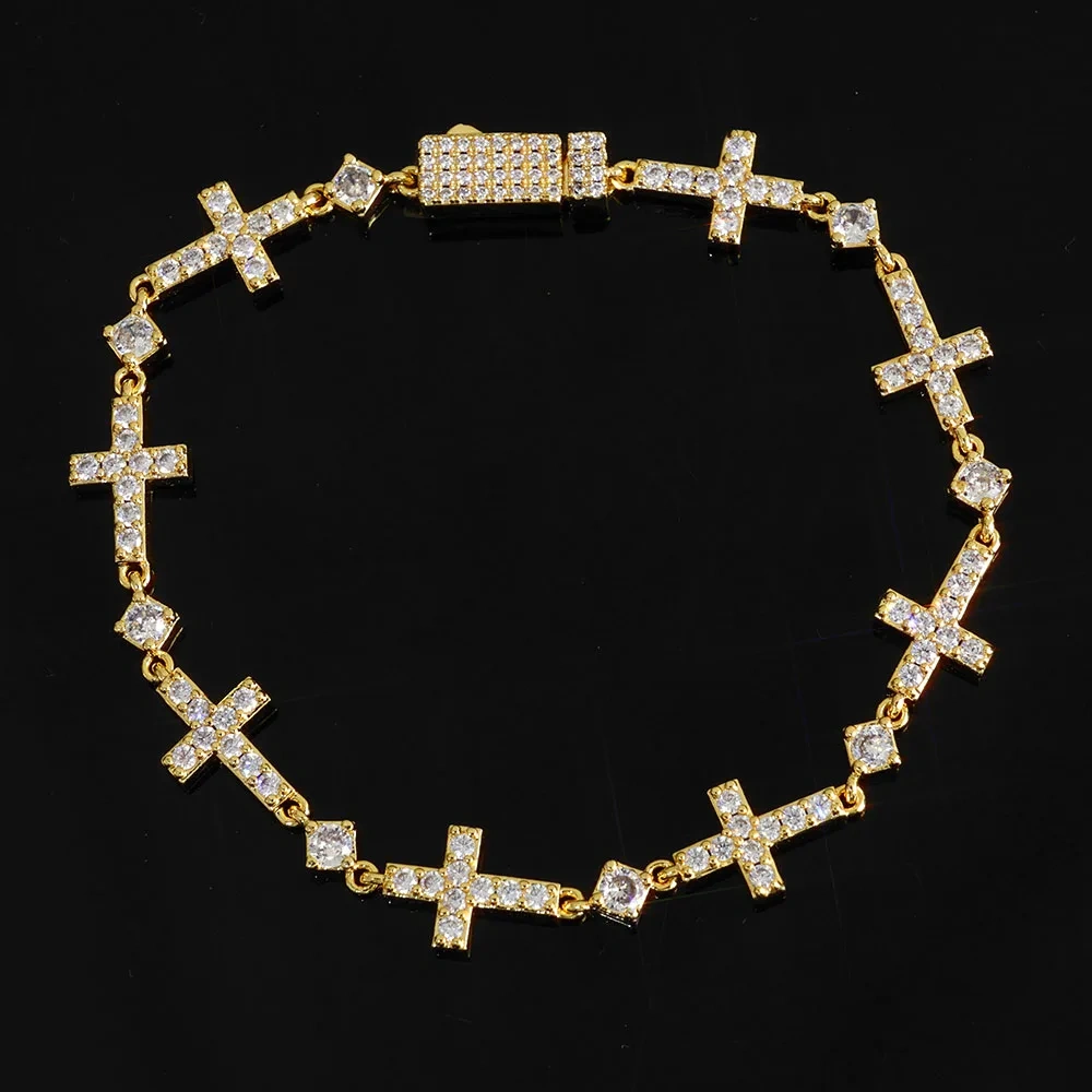 ESKEEM Luxury Gold Plated 5MM Iced Out Chain Bracelet Elastic Clasp Small Cross Design Bling Zircon Stones Fine Jewelry