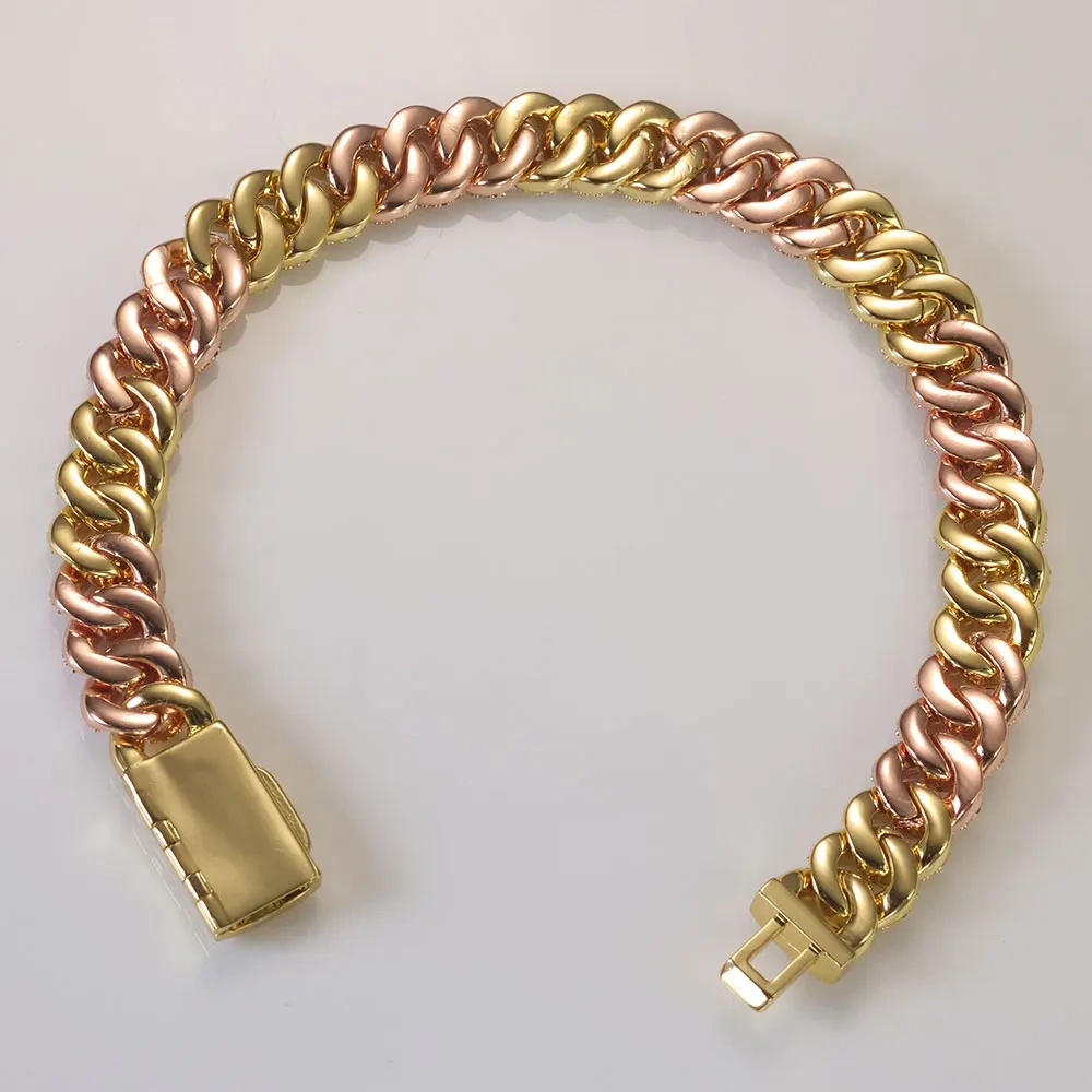 Hip Hop 10mm Iced Out Cuban Chain Bracelet Fine Jewelry Rose Gold Plated Two Color Cuban Link Necklace Women Birthday Gift