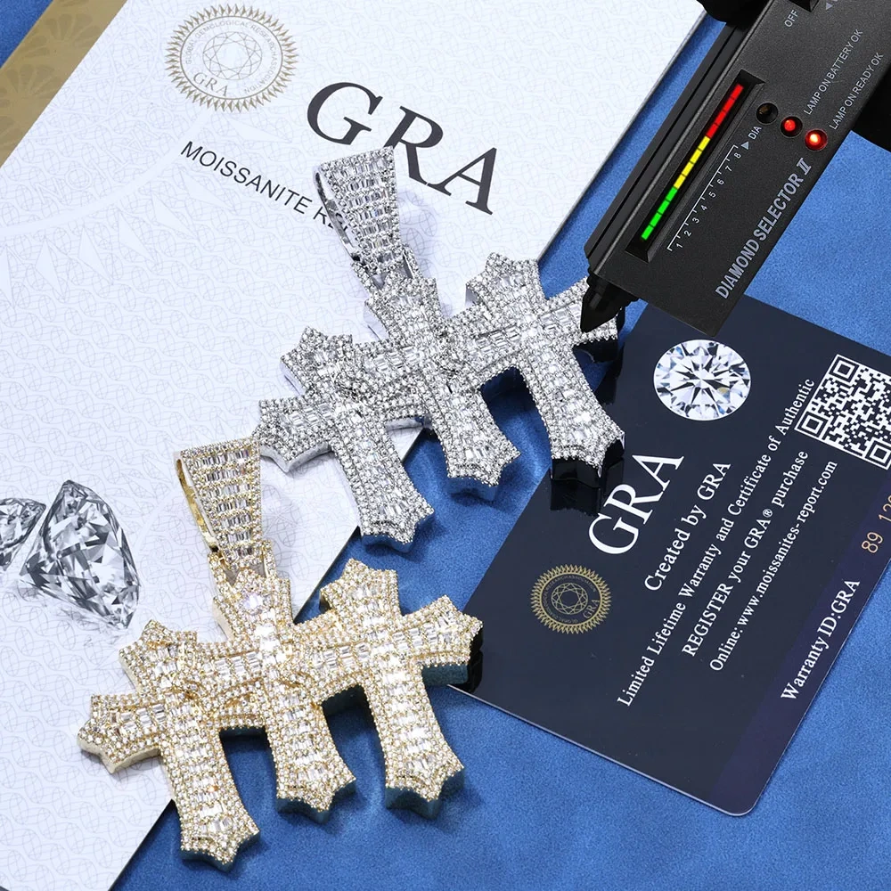 Real VVS Moissanite Three Crosses Pendant S925 Silver Iced Out for Men Women Hip Hop Jewelry  Round Rectangle Moissanite Pendant