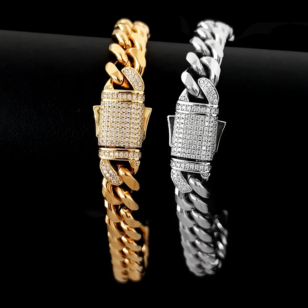 Hip Hop Stainless Steel Bracelet Bling CZ Clasp Jewelry for Men Designs Cuban Link Bracelet Free Custom Logo Drop Shipping