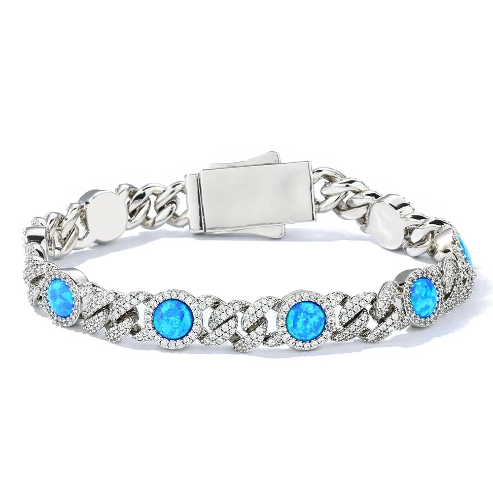 Hip Hop Jewelry 5A Cubic Zirconia Blue Opal Cuban Link Chain Bling Gold Plated Brass Diamond Cuban Necklace for Women Men