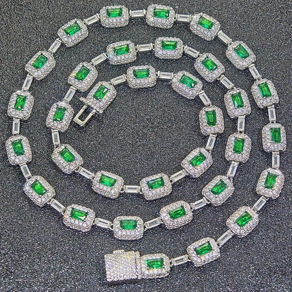Hiphop Fashion Jewelry 7mm Sparkling White Gold Plated Green Baguette Diamond Chain Bracelet Brass Zircon Emerald Bracelet