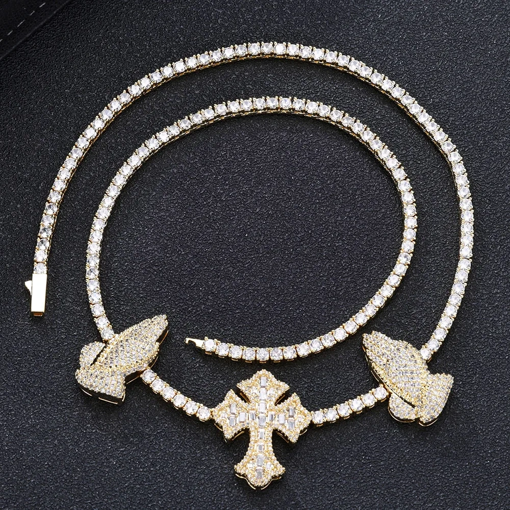 ESKEEM Hip Hop Cross Tennis Necklace High Quality Sparkling 5A Cubic Zirconia Praying Hand Cross Charm Tennis Chain Dropshipping